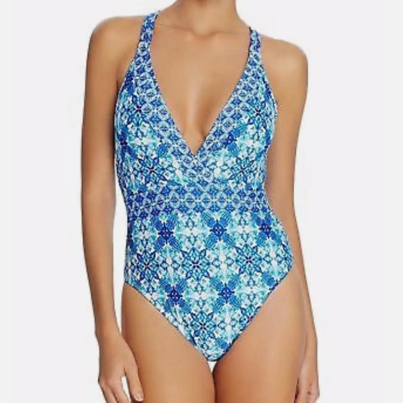 La Blanca Crystal Blue Printed Strappy One Piece Swimsuit. Size 8. NWT. - Picture 1 of 15